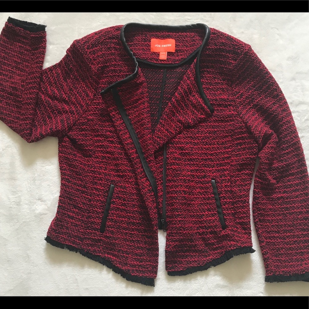 Joe Fresh Red Tweed Jacket Blazer Leather Trim XL